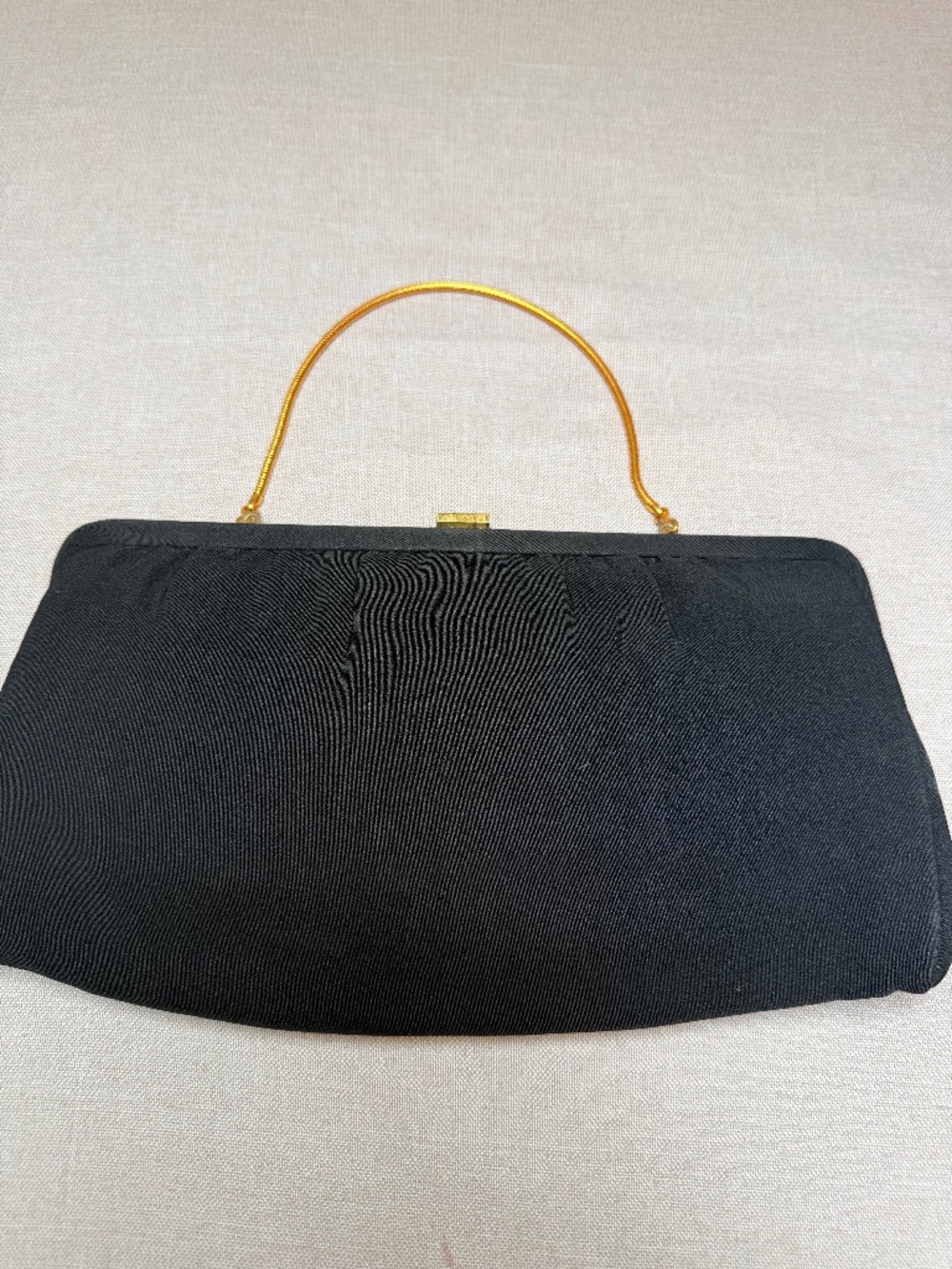 Vintage 1960s Black Taffeta Clutch Evening Bag Purse With Gold Chain and Clasp